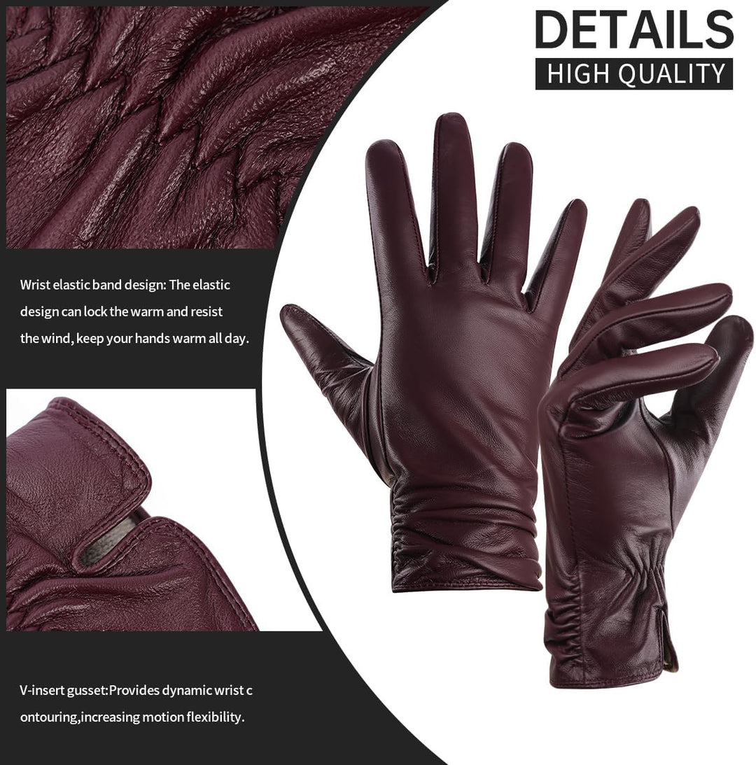 BISON DENIM Damen Winter Lederhandschuhe Warme Kaschmirhandschuhe Handschuhe Touchscreen-Funktion Ro