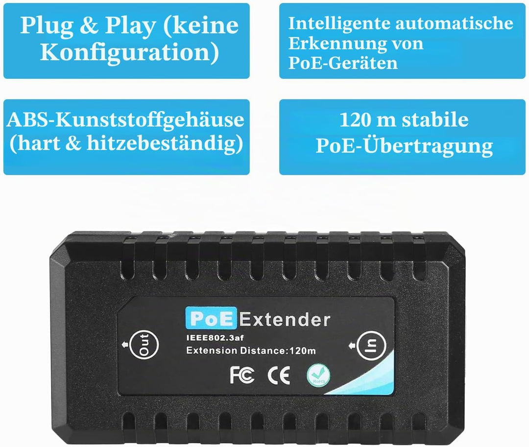Revotech 1 Port PoE Extender, 15W PoE Output bis zu 120m(393 ft), 10/100Mbps Transmit, Comply IEEE80