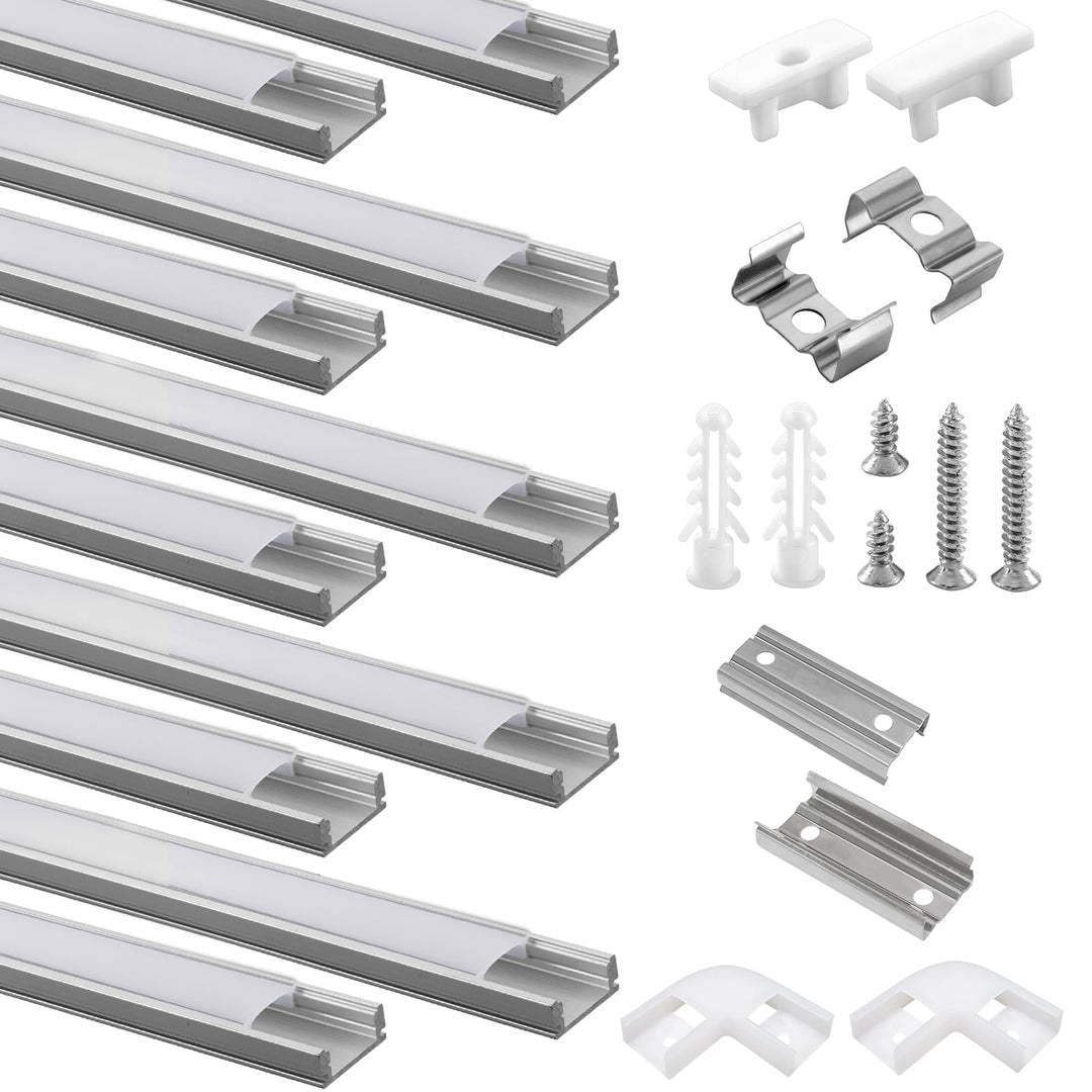 10 Pack LED Profile Aluminium 10 x 1 m, U-Shape Aluminium Profile with Milky Cover for LED Strips, E