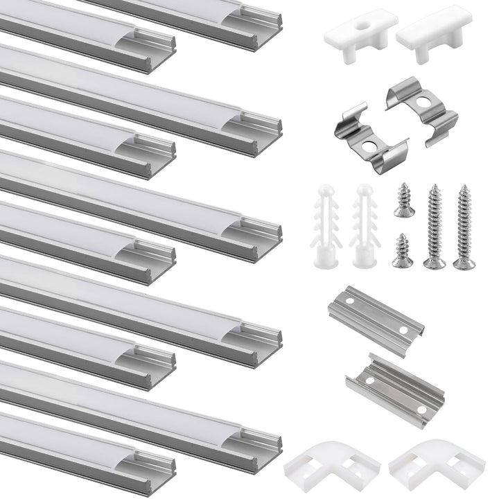 10 Pack LED Profile Aluminium 10 x 1 m, U-Shape Aluminium Profile with Milky Cover for LED Strips, E