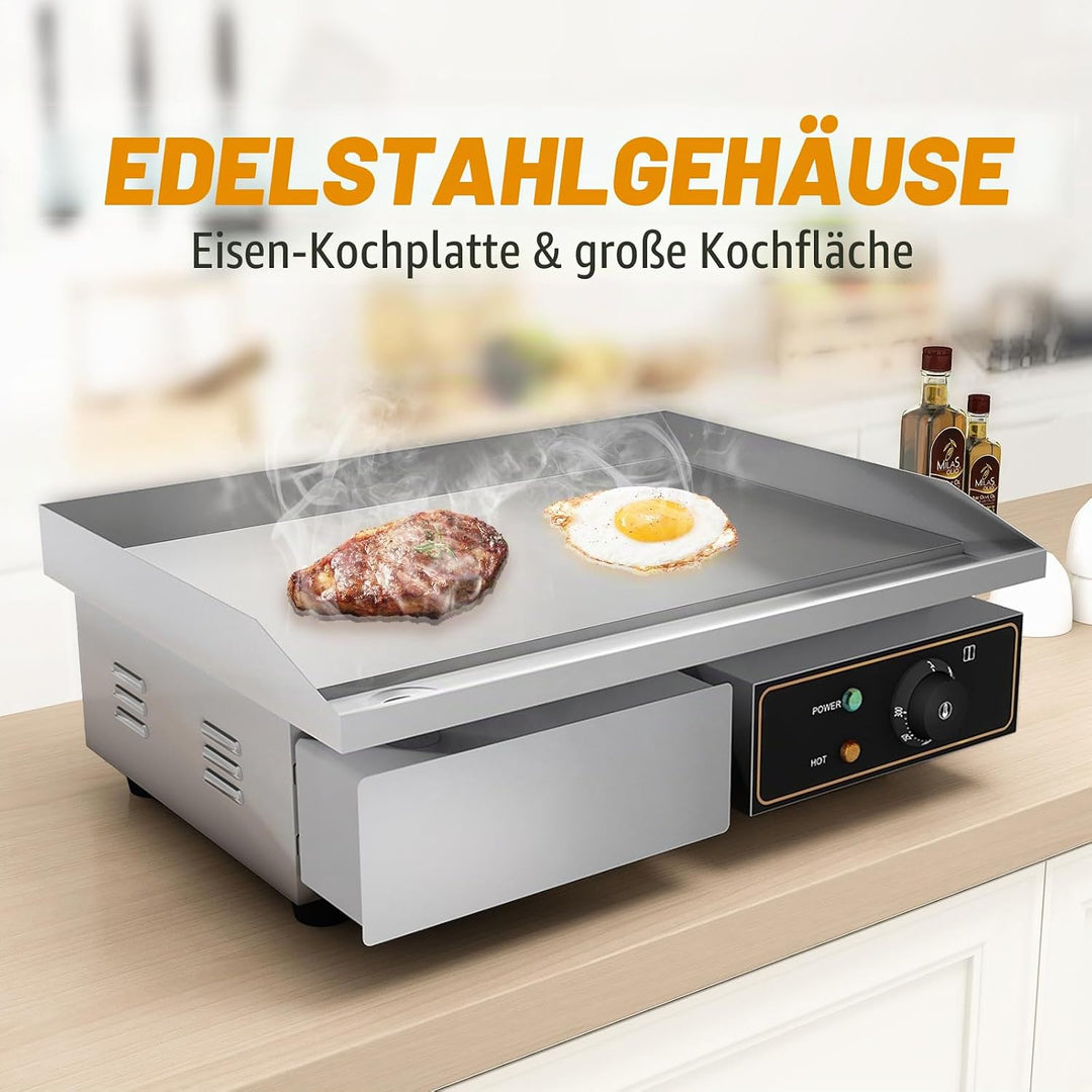 Grillplatte Elektrisch glatt Bratplatte, Elektrogrill mit 55 x 34 cm Grillfläche aus Gusseisen,Profi