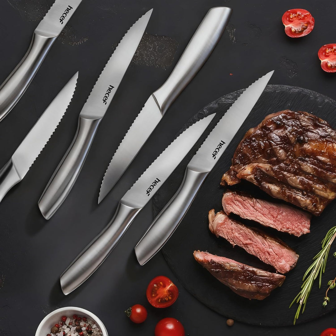 hecef Steakmesser Set 6-teilig, scharfe Tafelmesser mit Wellenschliff und ergonomischem Hohlgriff, k