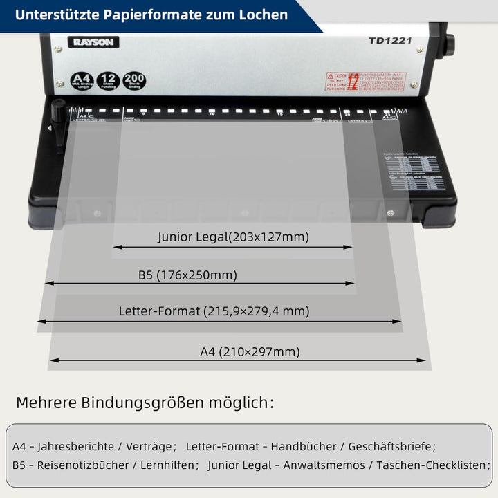 RAYSON Drahtbindemaschine, 2:1 Teilung, 23 Löcher, 200 Blatt Bindekapazität, 12 Blatt Stanzkapazität