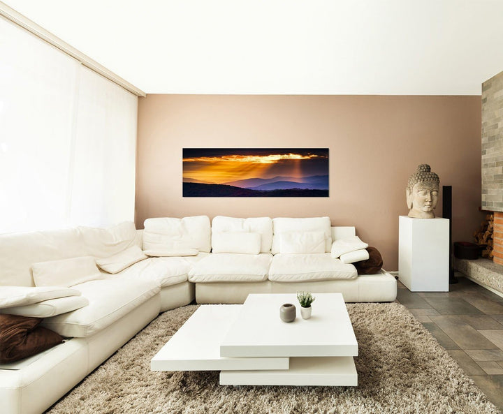 Paul Sinus Art Bilder Wand Bild - Kunstdruck 150x50cm Berge Wald Herbst Sonnenaufgang Wolken