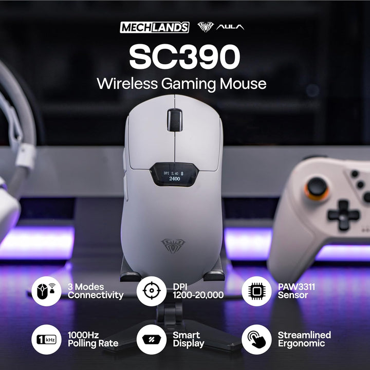 MechLands Aula SC390 – Leichte Gaming-Maus mit Display, kabellose 2,4-GHz-/USB-C-/BT-Maus mit 400-mA