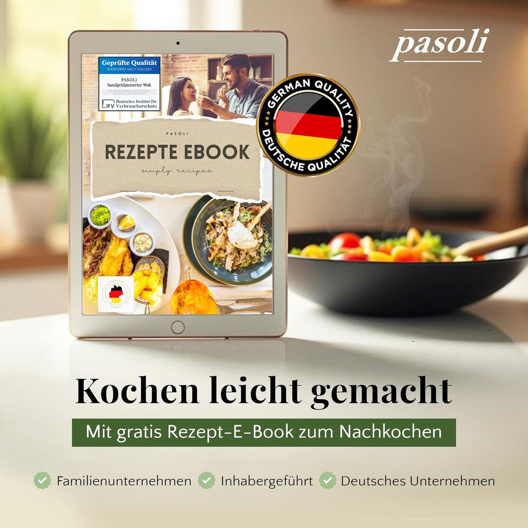 pasoli handgehämmerter Wok + gratis Rezepte eBook - voreingebrannt - traditionelle Asiapfanne - Brat