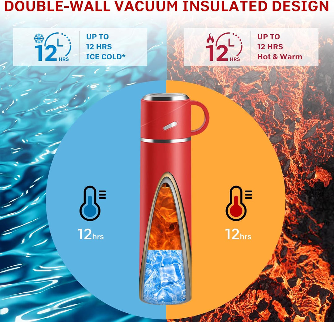 Thermosflasche Edelstahl, Thermoskanne 550ml mit Trinkbecher und Griff, Auslaufsichere Isolierte Tri