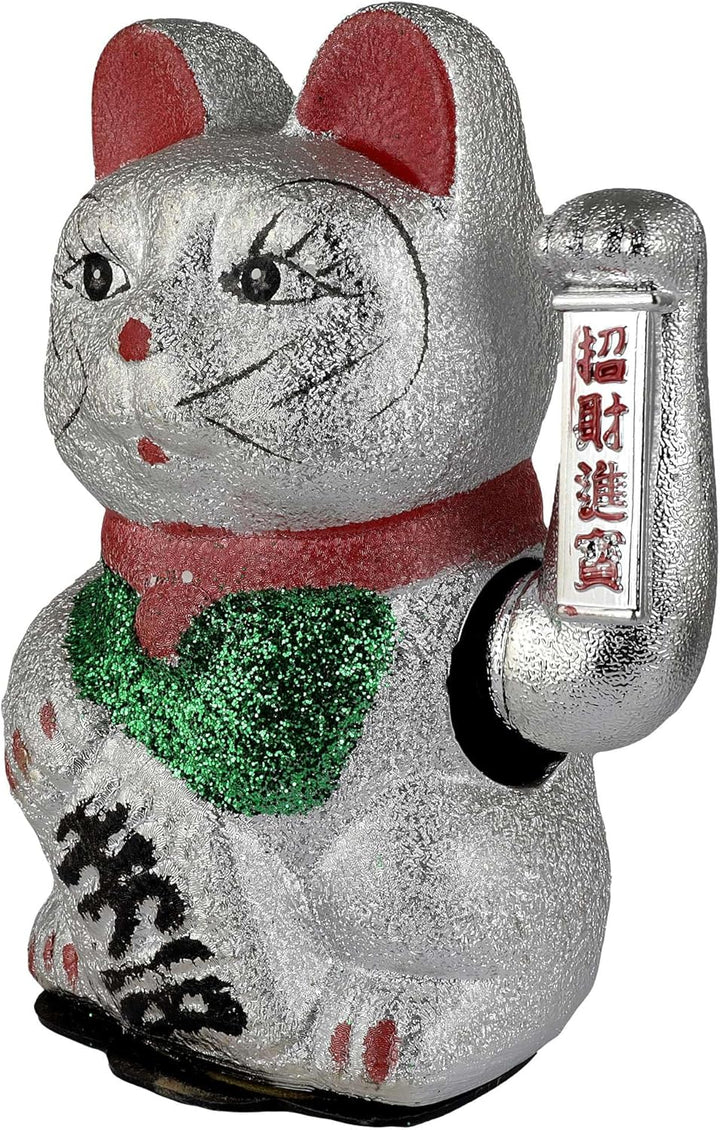 Freak Scene Glückskatze Maneki-Neko Winkekatze aus Keramik 20cm Silber winkende Katze Lucky cat