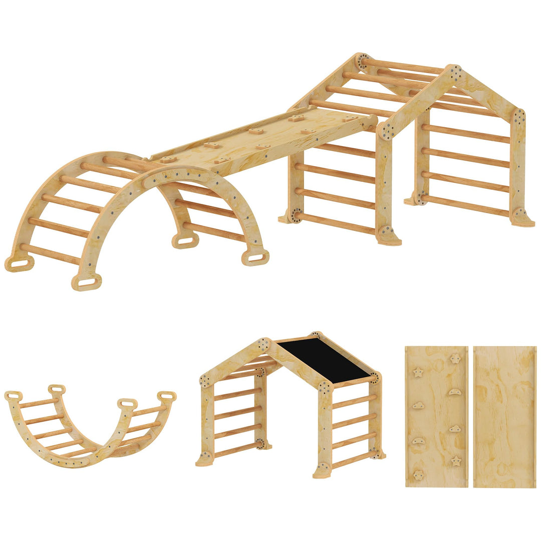 AIYAPLAY 9-in-1 Montessori Klettergerüst Indoor Holz Kletterdreieck mit Rutsche, Kletterbogen, Rampe