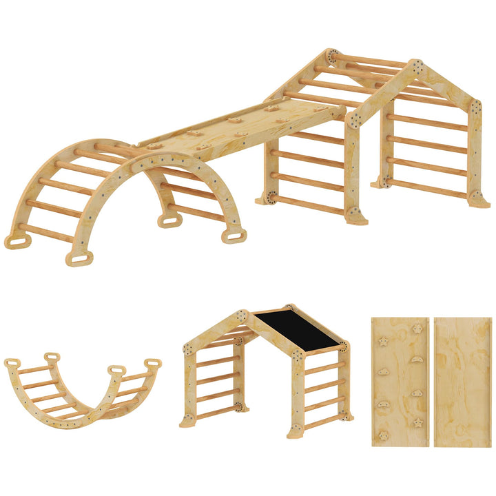 AIYAPLAY 9-in-1 Montessori Klettergerüst Indoor Holz Kletterdreieck mit Rutsche, Kletterbogen, Rampe