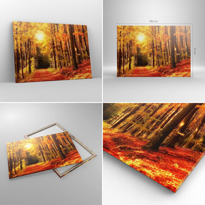 Bilder auf Leinwand 100x70cm Leinwandbild mit Rahmen Pfad Blätter Wald Gross Wanddeko Bild Schlafzim