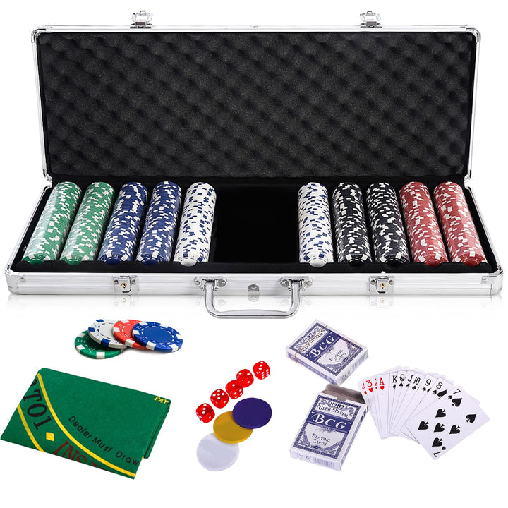 HOMASIS Pokerset mit 500 Chips, Poker Koffer mit 2 Kartendecks, 5 Würfel, Kasino-Matte, 3 Dealer But