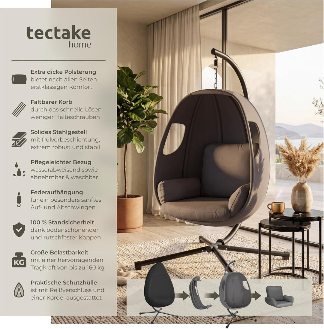 tectake® Hängesessel mit Gestell, Indoor oder Outdoor, Schaukel Sessel mit Kissen + Rückenkissen, Sc