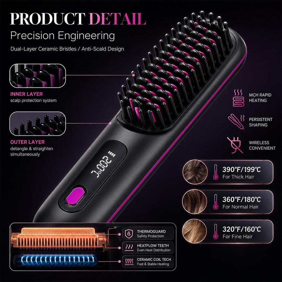 Anti-Frizz Haarglättung Glättbürste Kabellos, MCH Keramik Haarglätter Bürste, 3 Temperaturstufen LCD