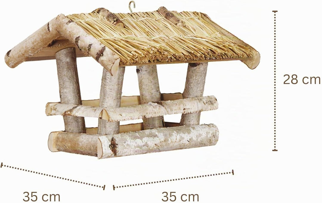 Handgefertigtes Premium Vogelhaus aus europäischem Birkenholz mit Strohdach - Naturfreundliches Desi