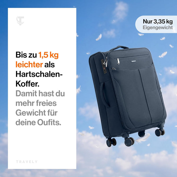 Travely Stoffkoffer L - Koffer mittelgross mit 4 Rollen und TSA Zahlenschloss - weichter Weichschale
