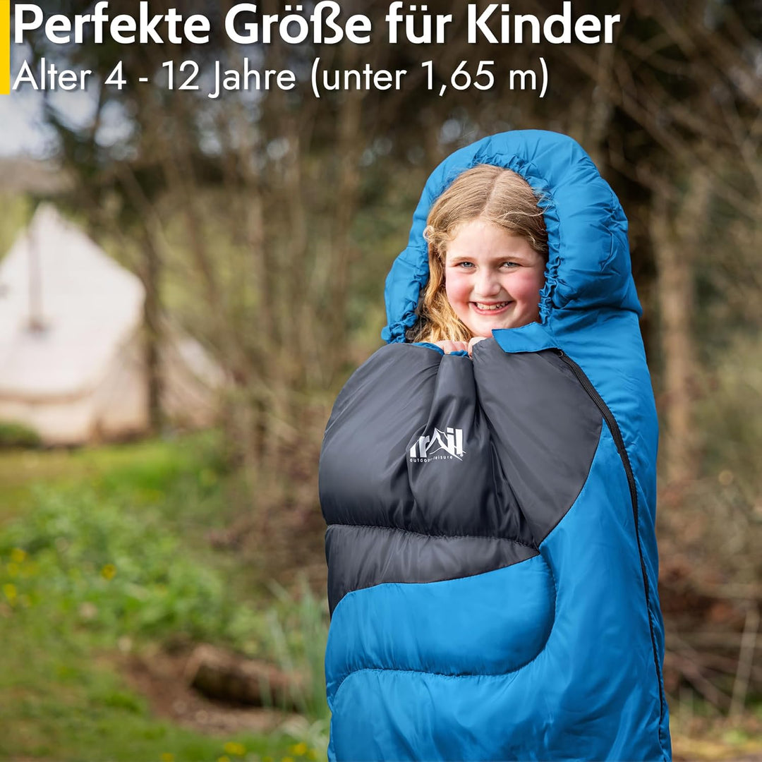 Trail Schlafsack Kinder Mumienschlafsack als Schlafsack 3 Jahreszeiten für Camping – 300gsm – für Ju