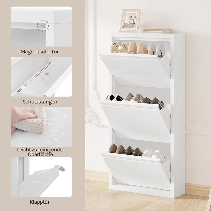 WOLTU Schuhschrank mit 3 Klappen, Schuhregal geschlossen, Schuhkommode schmal, aus Metall, für Flur