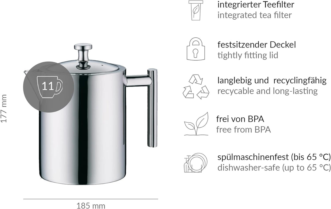 alfi Teekanne Edelstahl mit Teesieb 1,4 l, Teezubereiter für direktes Brühen in die Kanne, Vintage T