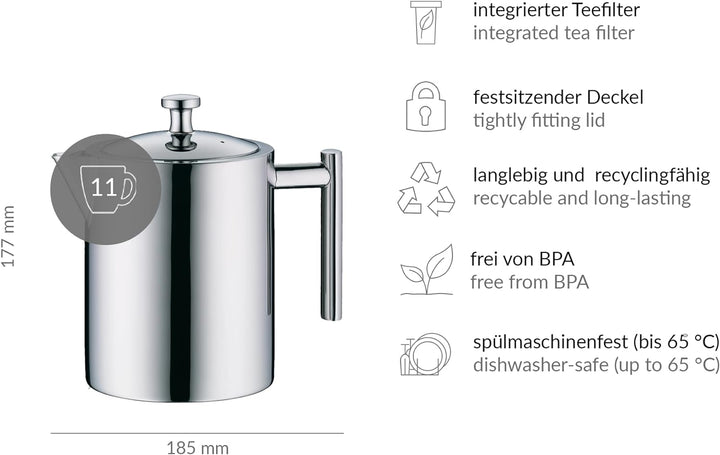 alfi Teekanne Edelstahl mit Teesieb 1,4 l, Teezubereiter für direktes Brühen in die Kanne, Vintage T