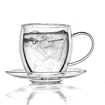 Creano 6 doppelwandige 250 ml Glas-Thermotassen mit Untersetzer, Glas-Teetasse/Kaffeetasse mit Schwe