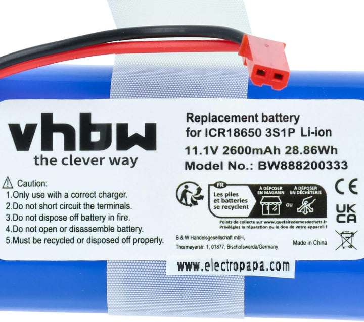 vhbw Akku kompatibel mit Medion MD 16192 Home Cleaner Heimroboter (2600mAh, 10,8V, Li-Ion)