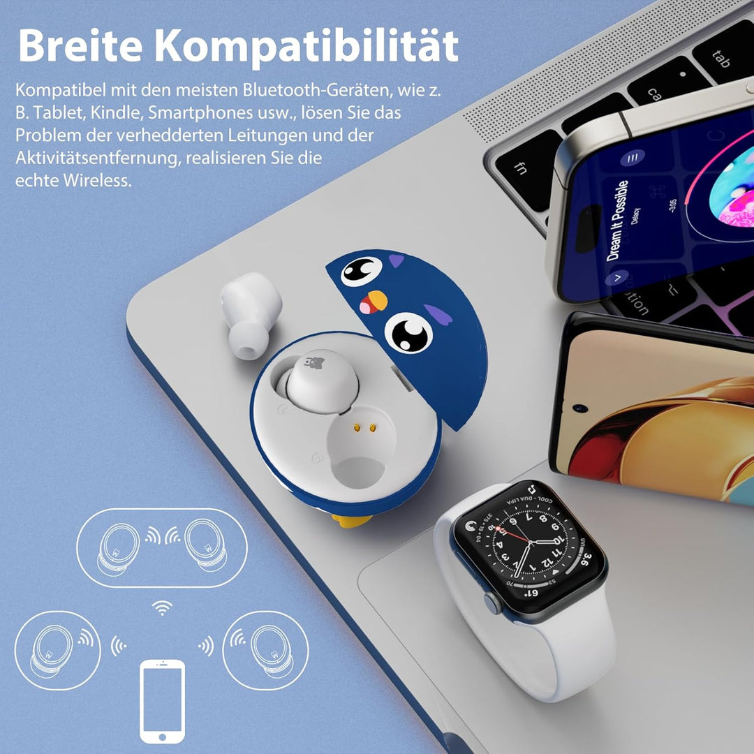 In-Ear Bluetooth Kopfhörer Kinder, Kopfhörer Bluetooth Kinder mit Mikrofon, HD Stereo, 30-Stunden-Ak