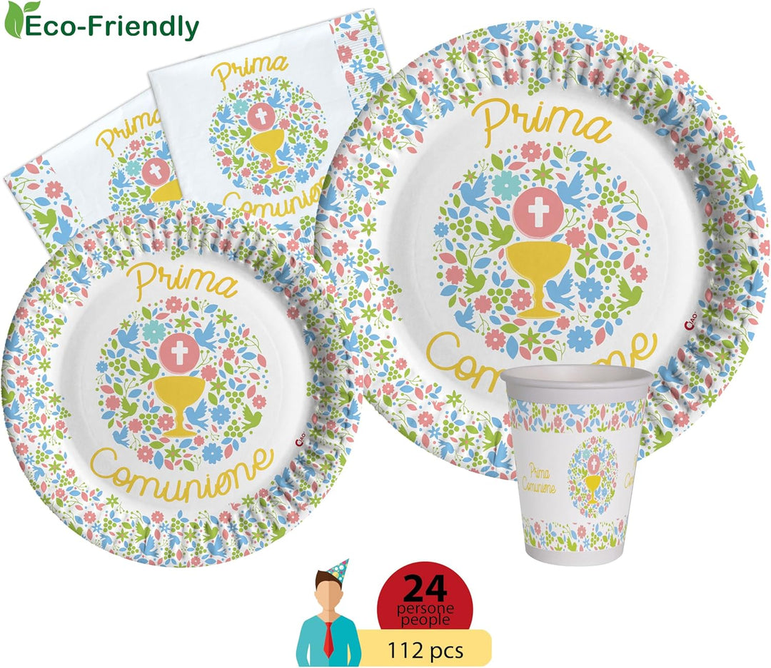 Ciao Partygeschirr Party-Set Prima Comunione für 24 Personen (112 pcs: 24 Pappteller Ø23cm, 24 Pappt