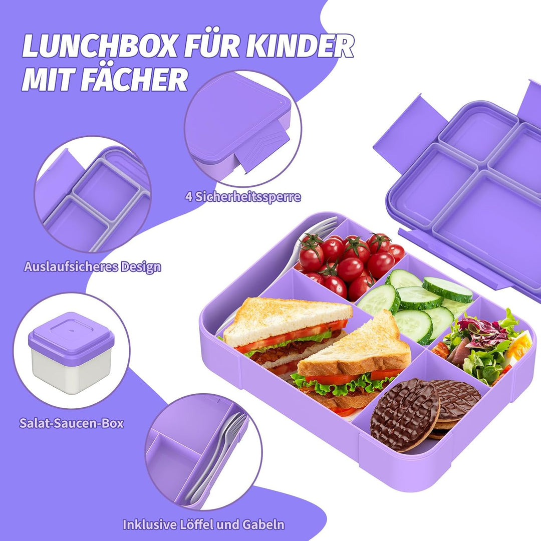 SWVIODMT Brotdose Kinder mit Fächern, 1300 ml Lunchbox für Kinder, Bento Box mit 5 Fächern Besteckse