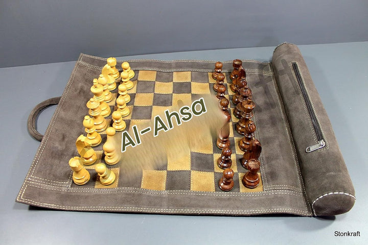 StonKraft 19 "x 15" (Schachbrett Grösse 12 "x 12") Echtes Roll-up Leder Schachspiel - Mit Holz Schac