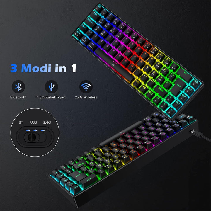 TECURS Gaming Tastatur Kabellos, Mechanische Tastatur RGB QWERTZ (German Layout) mit Rote Schalter f