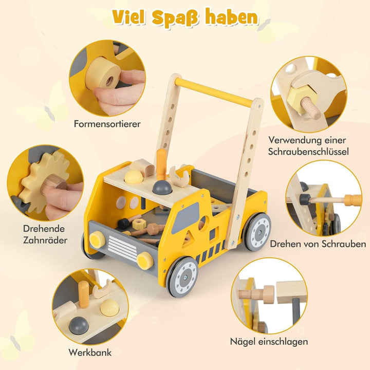 FANTASK Lauflernwagen Holz, 2-in-1 Baby Walker, Lauflernhilfe mit Multi-Aktivitätszentrum & Werkbank