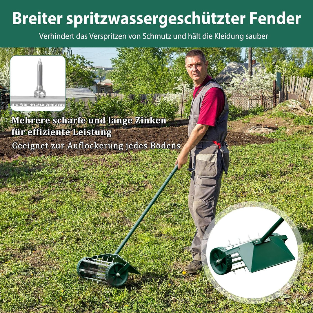SOARS Rasenlüfter Walze, Rasenbelüfter mit 3cm Nägeln & Spritzschutz & Stiel, Handvertikutierer, Gar
