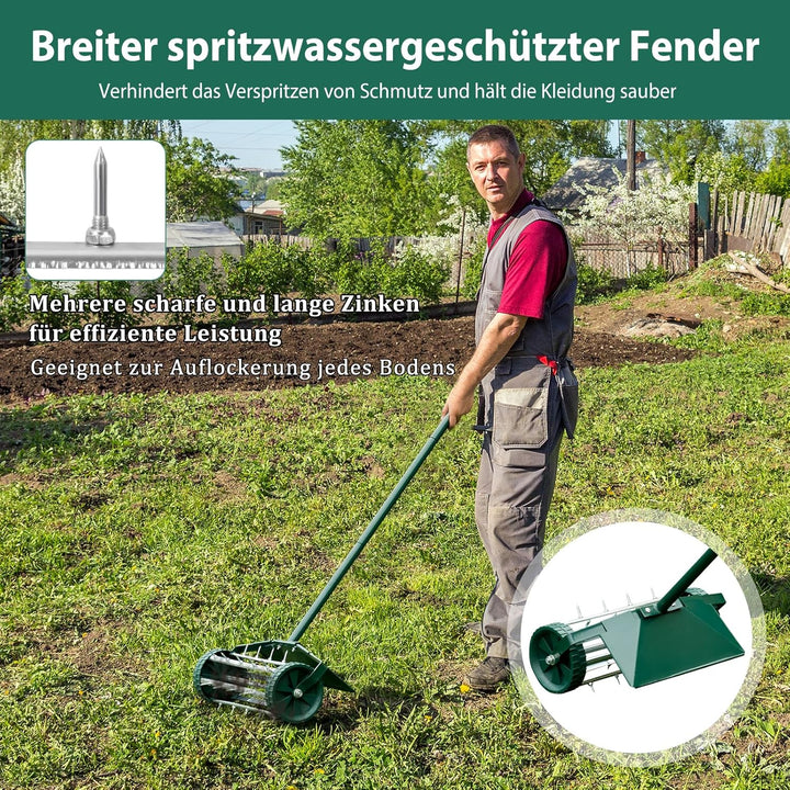 SOARS Rasenlüfter Walze, Rasenbelüfter mit 3cm Nägeln & Spritzschutz & Stiel, Handvertikutierer, Gar