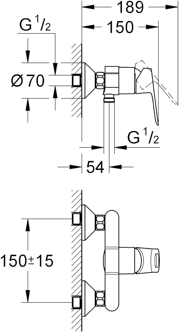 GROHE BauLoop - Einhand-Brausebatterie (langlebige Oberfläche, Wandmontage, S-Anschlüsse), chrom, 23