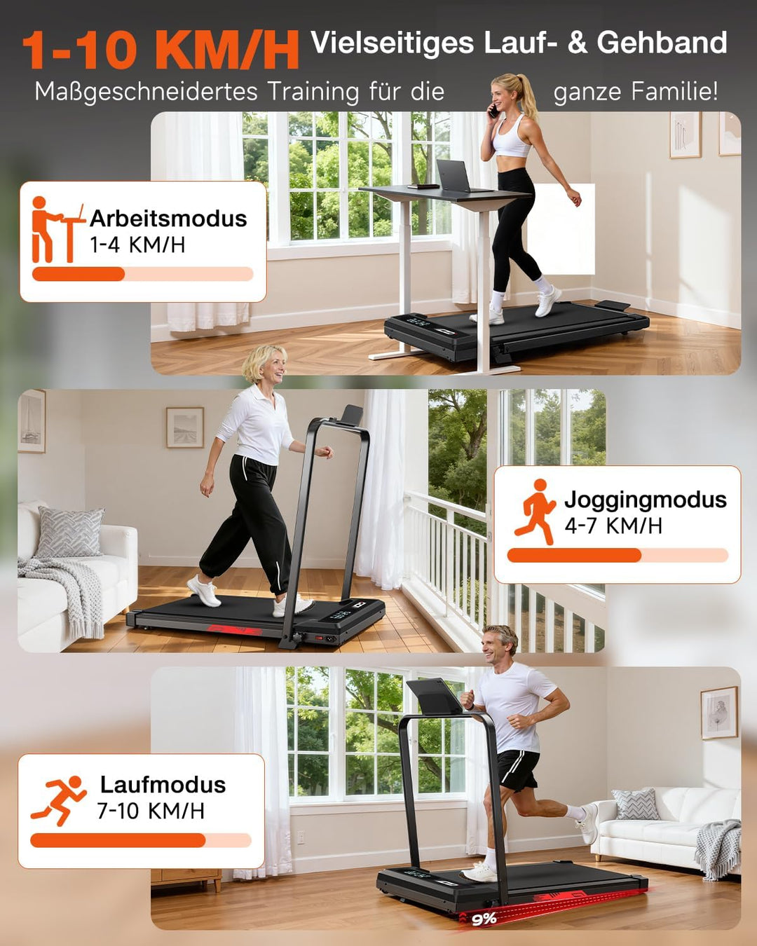 Walking Pad Laufband Klappbar 9%, 1-10 km/h, Brushless Motor | Zuhause und Büro,