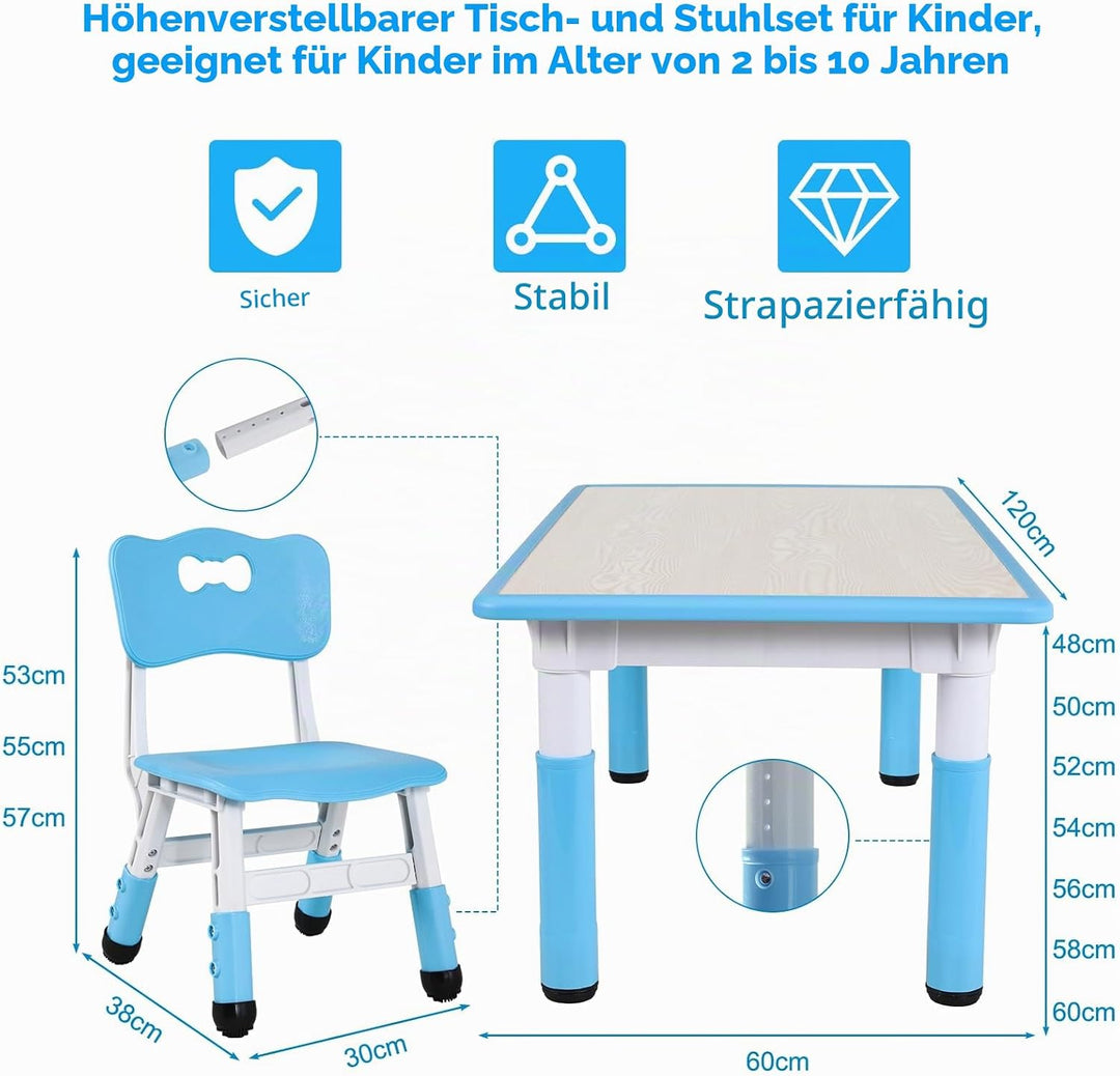 MAMIZO Kindertisch mit 4 Stühlen, Kindertischgruppe Höhenverstellbar, Tisch Stuhl Set für Kindergart