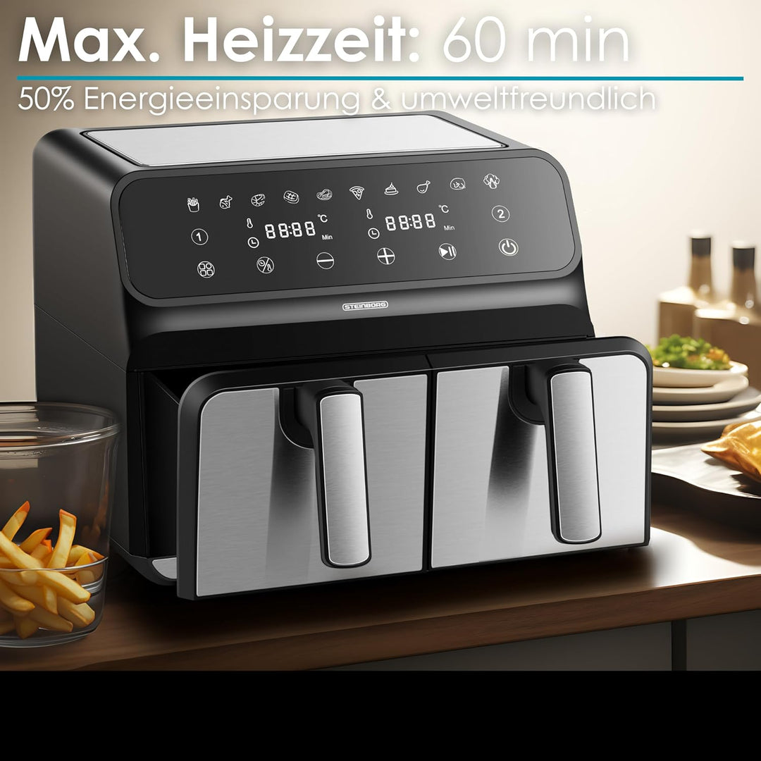 Heissluftfritteuse | 2 Kammern | Heissluftfritteuse | 4 in 1 Mini Backofen | Fritteuse | Dörrautomat