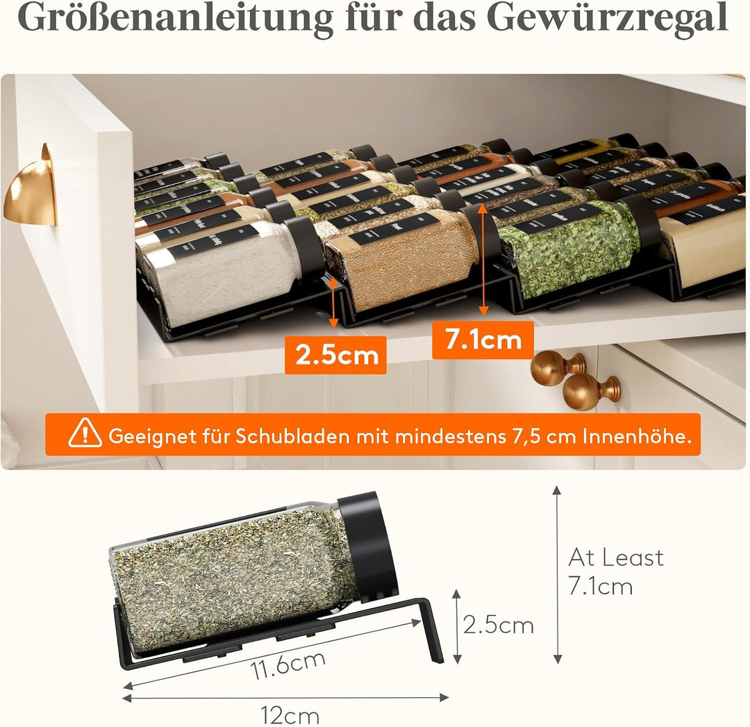 Lifewit Gewürzregal Schublade 48 Stück, Verstellbarer Gewürz Organizer für Alle Schubladen, Kombinie