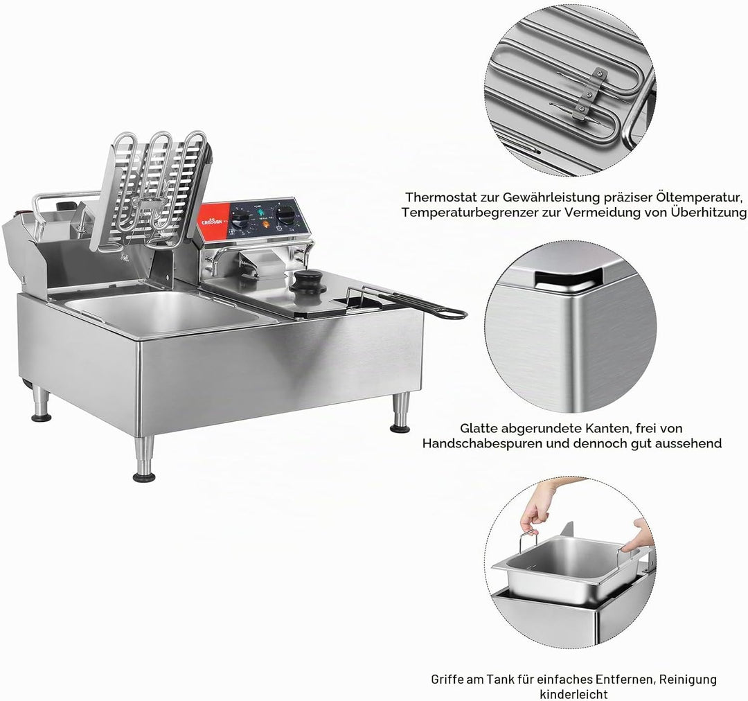 CROSSON 12L Elektrische Fritteuse mit doppeltem Tank und rotierendem Fritteusenkopf, 30-Minuten-Time