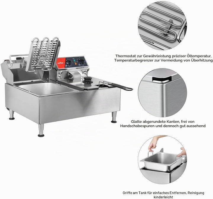CROSSON 12L Elektrische Fritteuse mit doppeltem Tank und rotierendem Fritteusenkopf, 30-Minuten-Time