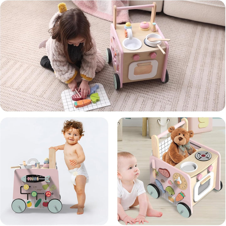 Lauflernwagen Holz, 9 in 1 Baby Lauflernhilfe mit Montessori Spielzeug und Spielküche, Holzspielzeug