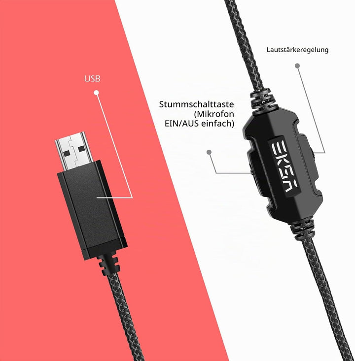 EKSA Gaming Headset, PC Headset mit Mikrofon 7.1 Surround Sound &amp; RGB Lichter, Kopfhörer mit Kabel R