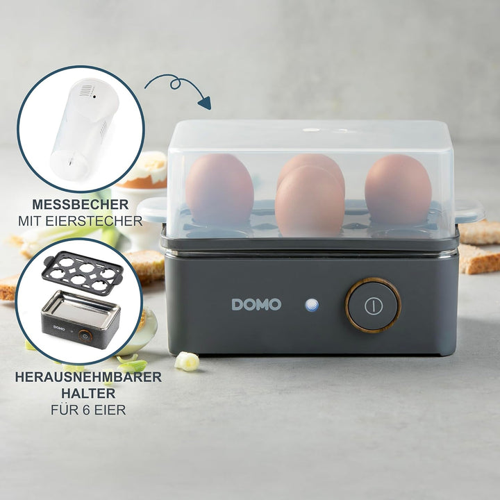 DOMO DO9283EK Eierkocher für zu 6 Eier - 'Wood You' Serie - 400W - Mattgrau Grey, Grey