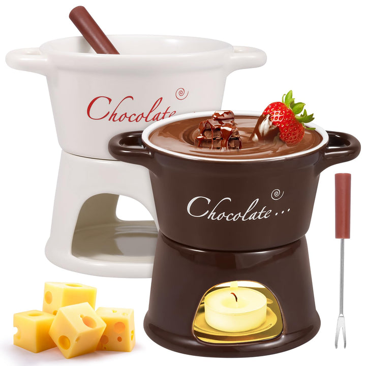Goshoppers 2 Stück Mini Schokofondue Tasse Käsefondue Set Keramik Schokobecher mit Gabeln Schokolade