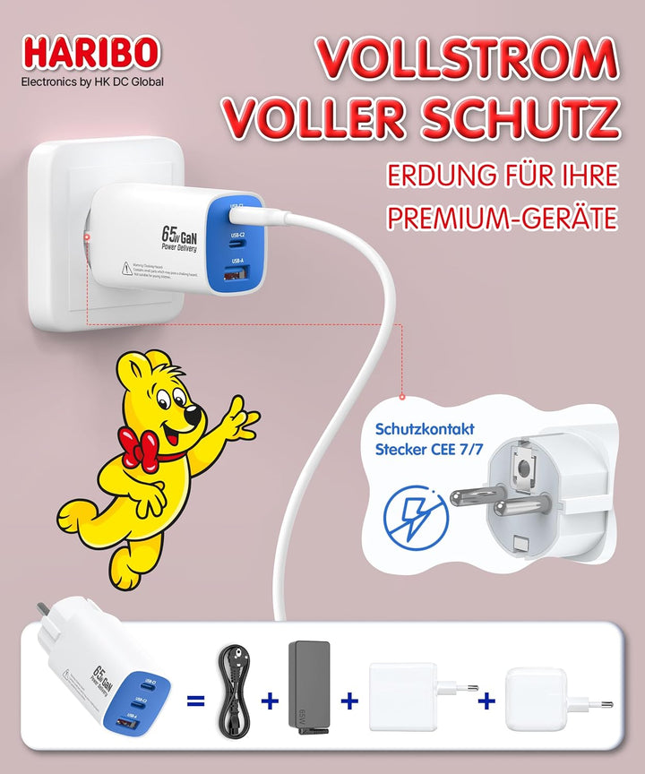 HARIBO USB C Ladegerät 65W 3-Port USB-C Netzteil Schnellladegerät PD PPS kompatibel mit MacBook, für