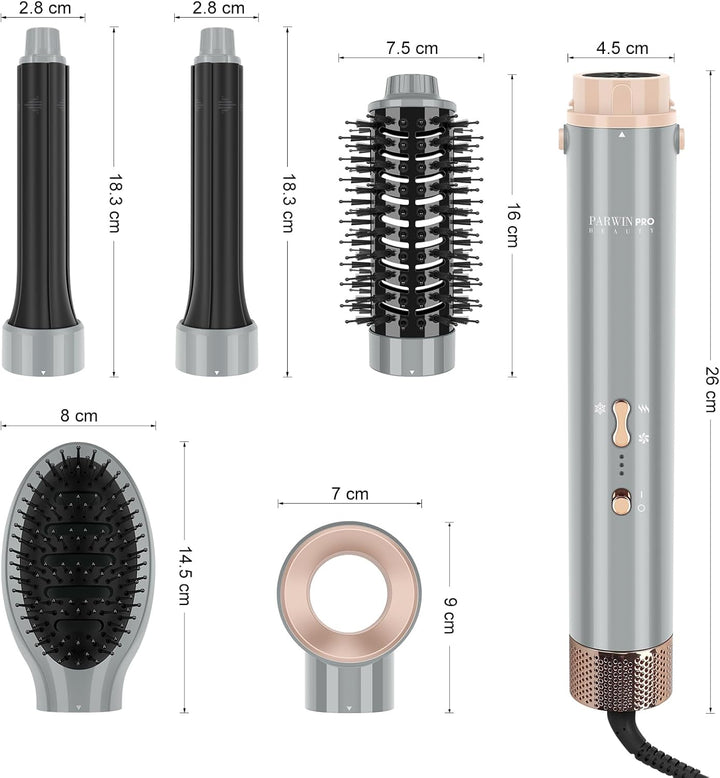 5-in-1 Airstyler & Lockenstab, PARWIN PRO BEAUTY Ionen Föhn Stylingbürsten, 5 Aufsätze Rundbürstenfö