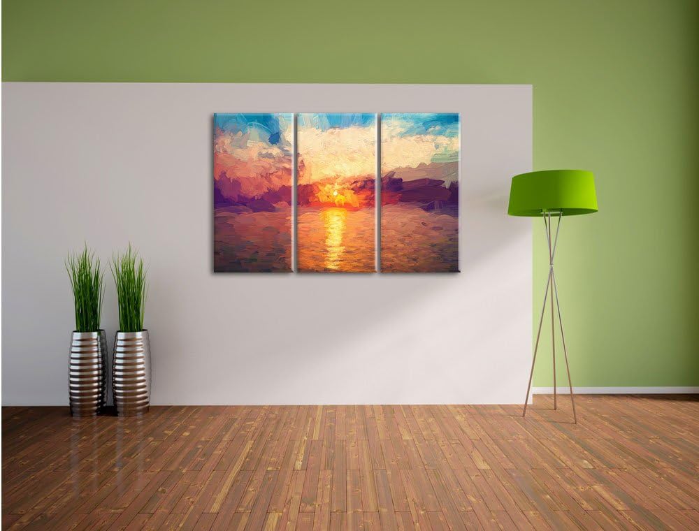 Pixxprint Sonnenaufgang am Meer Pinsel Effekt 3-Teiler Leinwandbild 120x80 Bild auf Leinwand