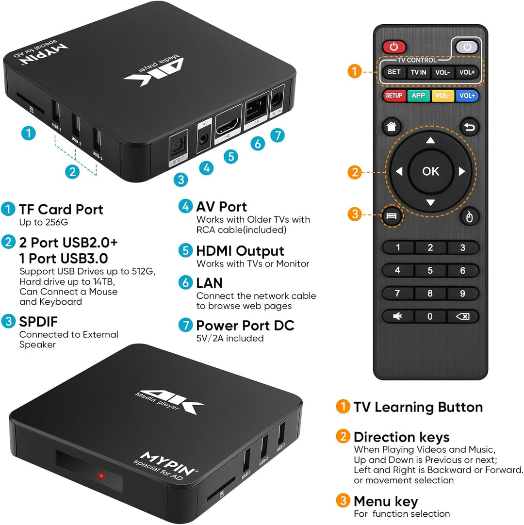 MYPIN 4K@60hz MP4 Media Player Unterstützt 8TB HDD/256G USB-Laufwerk/SD-Karte mit HDMI/AV-Ausgang fü