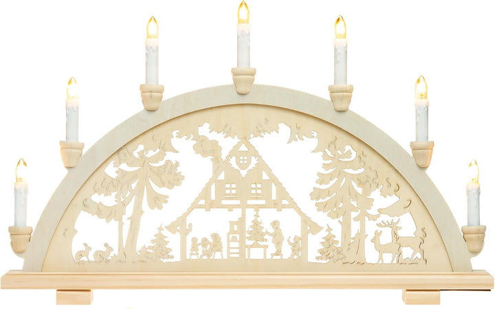 Sikora LB57-7 klassicher Holz Schwibbogen beleuchteter Lichterbogen mit 7 Kerzen Motiv WALDHAUS Deko